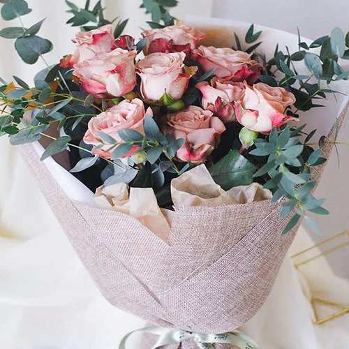 Bouquet Of Cappucino Roses And Eucalyptus